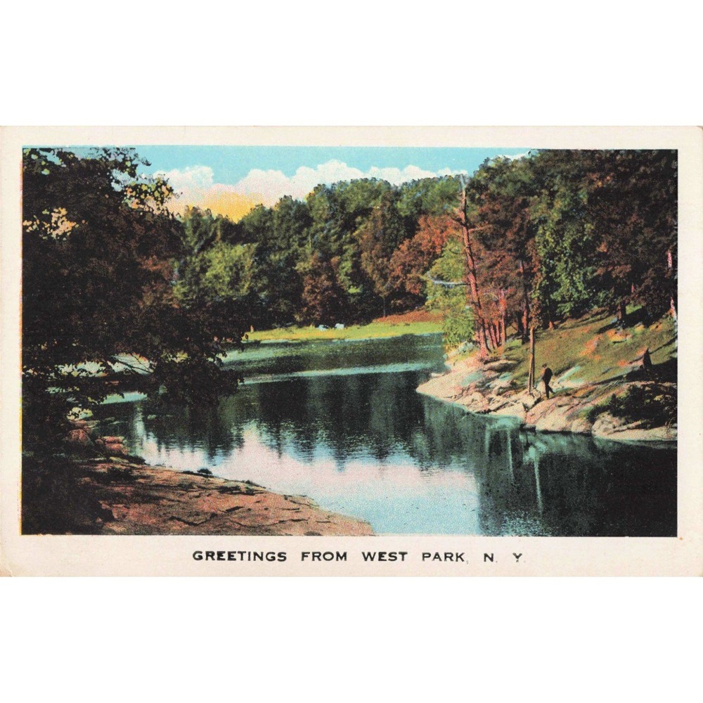Vintage Greetings from West Park NY Linen Postcard Tichnor Bros Lake Scene